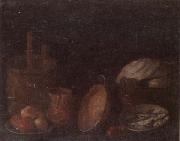 unknow artist Still life of apples and herring in bowls,a beaten copper jar,a pan and other kitchen implements Spain oil painting artist